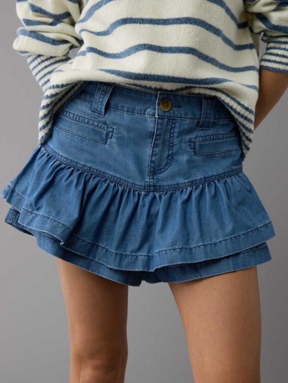 American Eagle size 4 LONG Stretch Denim Ruffle Mini Skort Chambray